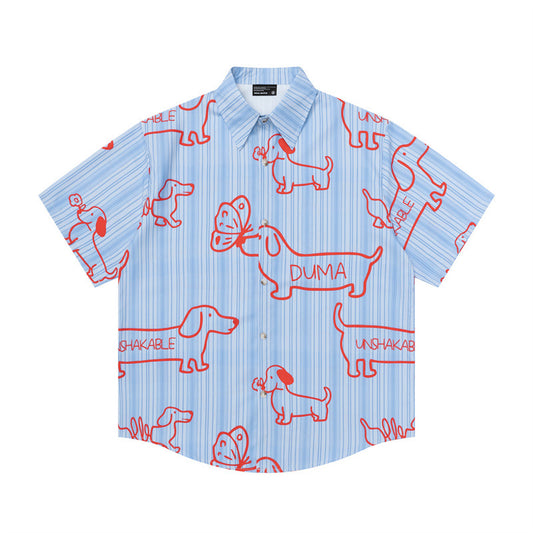 Hip Hop Shirts For Boys Vintage Puppy Print Striped Short Sleeve Shirt