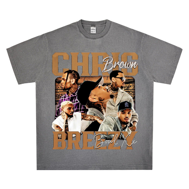 Streetwear masculino vintage hip hop Chris Brown print short-sleeved t-shirt