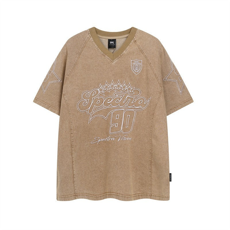 Y2K mens shirt washed tie-dye spray-painted retro V-neck men's short-sleeved T-shirt