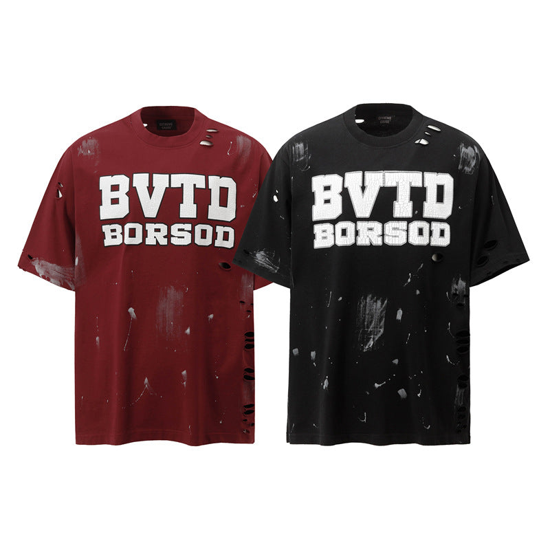 Camisas Retros Tie-dye Alphabet Short Sleeve Vintage Vintage Loose Crew Neck T-Shirt