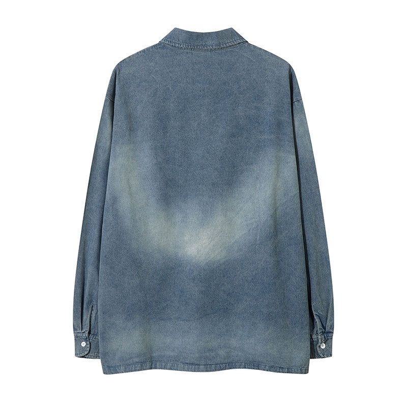 New York Hip Hop Style Washed Denim POLO Neck Long Sleeve T-Shirt Loose oversize