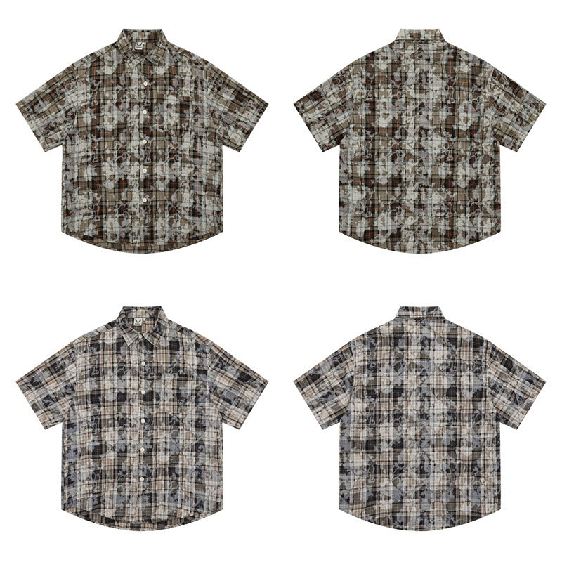 Stone Wash T shirt Retro plaid short-sleeved shirt Summer loose shorts