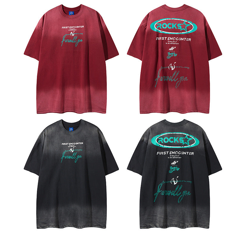 Camisas Retros Vintage Printed Alphabet Washed Old Short Sleeve T-Shirt