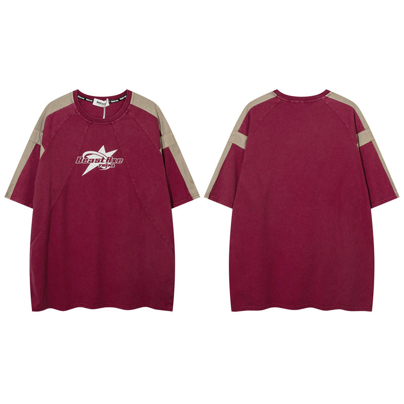 Y2K mens shirt contrasting color short-sleeved t-shirt casual