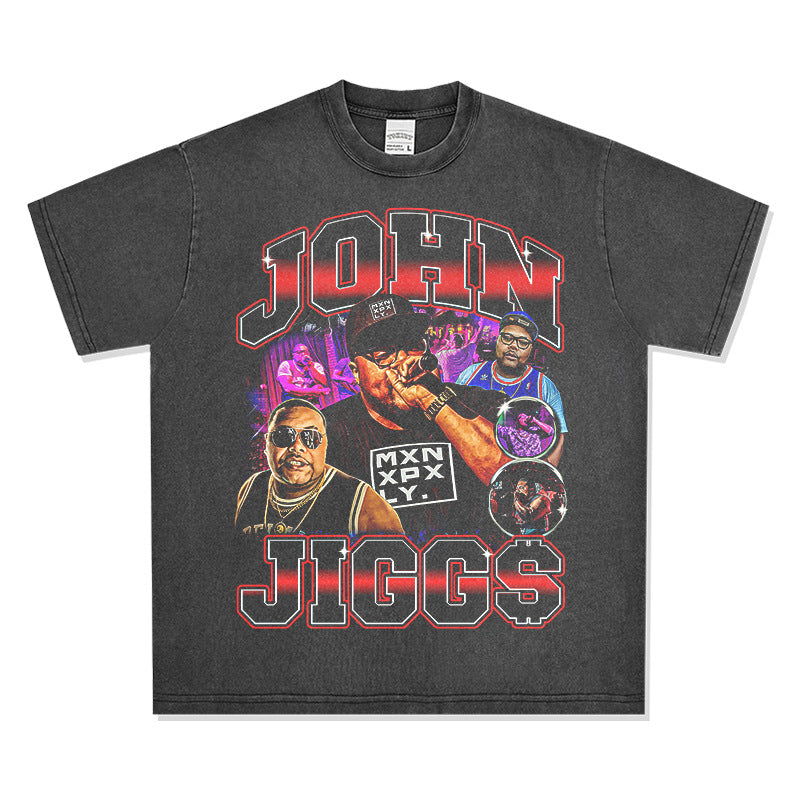 Outfit streetwear vintage hip hop johnjigg gills band print short sleeve t-shirt