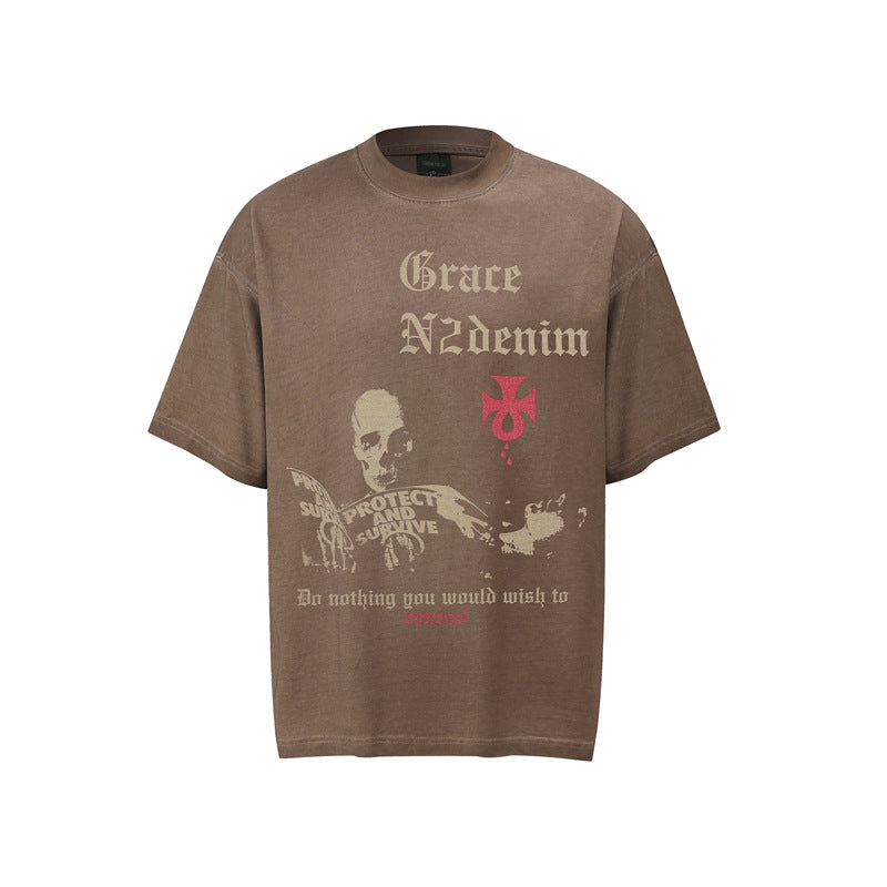 Hustle vintage summer hip hop skull short sleeve t-shirt