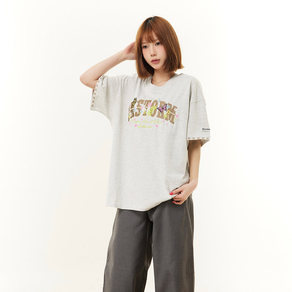 New York Hip Hop Style Vintage Butterfly Floral Alphabet Print Short Sleeve T-Shirt