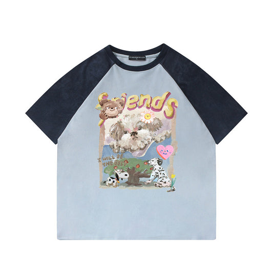 US drip outfits summer vintage doggy casual loose short sleeve T-Shirts