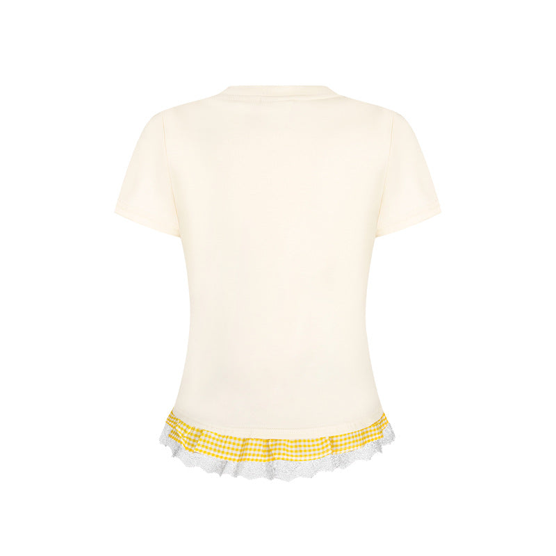 Casual Street Wear Embroidered Classic Alphabet Bow T-Shirt Crew Neck