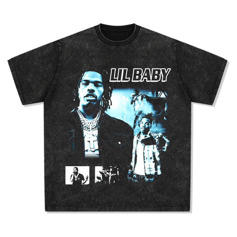 Cool t rapper vintage hip hop Lil Baby print short sleeve t-shirt loose Vintage