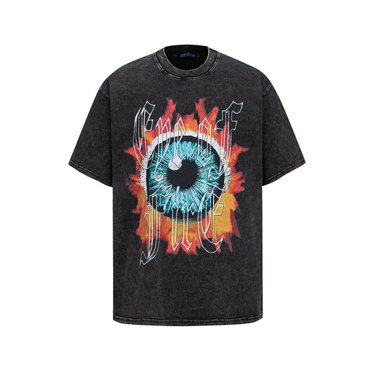 Retro Style Shirt For Men Summer Hip Hop Flame Eye Print Wash T-Shirt Short Sleeve