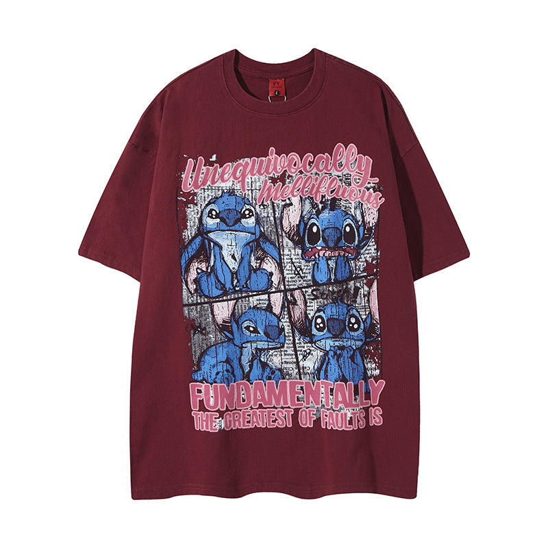 Hip Hop Clothes New York Vintage Washed Old Alphabet Embroidery Short Sleeve Loose Hip Hop T-Shirt