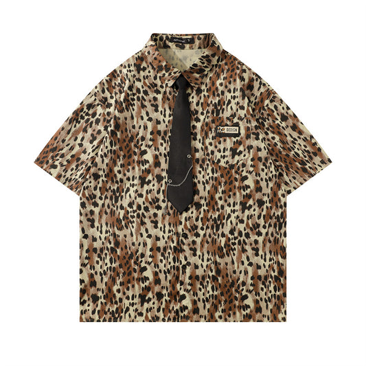 Y2K mens shirt leopard print short sleeve shirt
