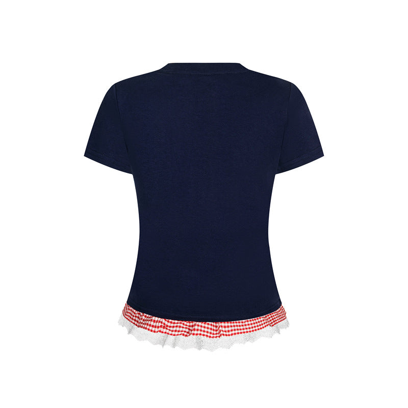 Casual Street Wear Embroidered Classic Alphabet Bow T-Shirt Crew Neck