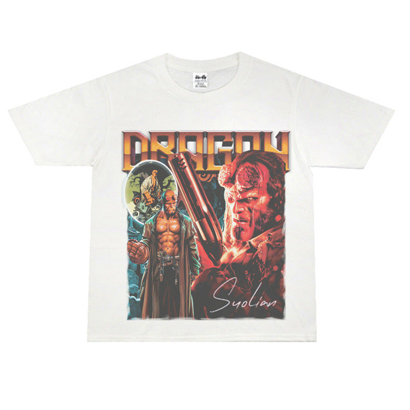 Film Star T Shirt Movie Hellboy Street Style Short Sleeve Loose American Print T-shirt Men and Women