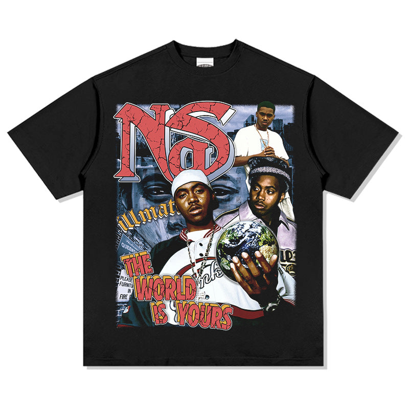 Streetwear masculino vintage hip hop nas print short sleeve t-shirt vintage