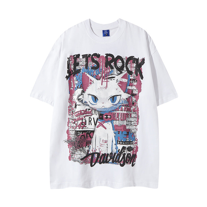 Nyc T Shirt Retro Cat Printed Short Sleeve T-Shirt Summer Loose Casual Top