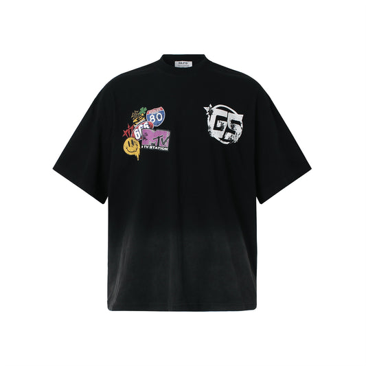 Vintage tarz t shirt gradual change letter print short sleeve t-shirt
