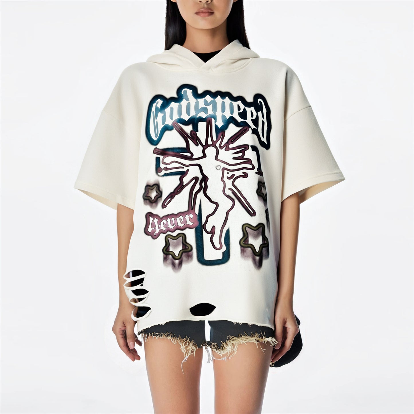Distorted vintage made old hooded t-shirt loose short sleeve top summer