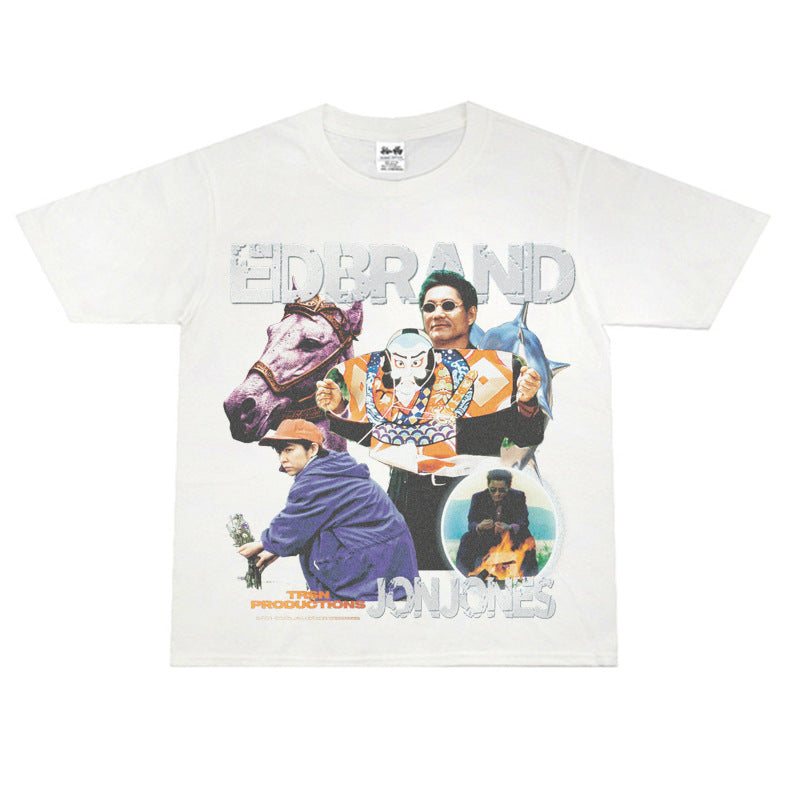 Film Star T Shirt Loose American Retro Heavy round Neck Street T-shirt for Men and Women