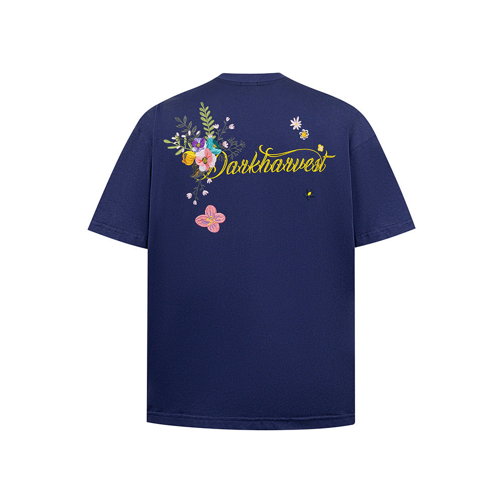 New York Hip Hop Style Floral Embroidery Short Sleeve T-Shirt