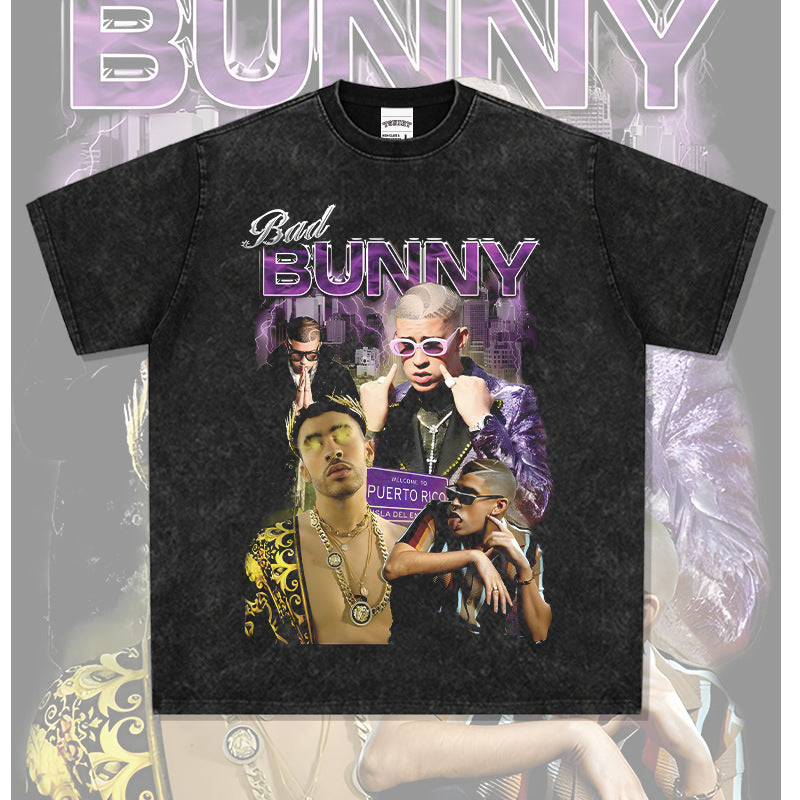Cool t rapper vintage Bad Bunny print short sleeve t-shirt