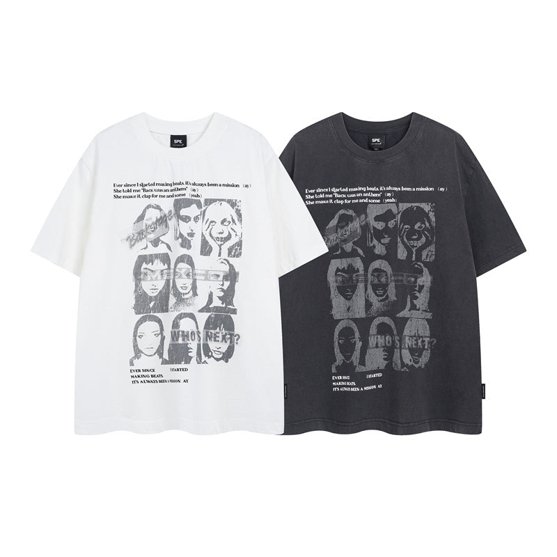 Y2K mens shirt washed portrait letter pattern T-shirt men's short sleeves casual loose