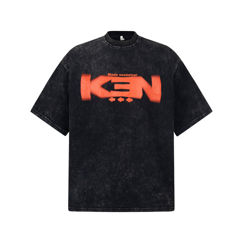 Stone Wash T shirt Retro washed tie-dye washed old printed T-shirt