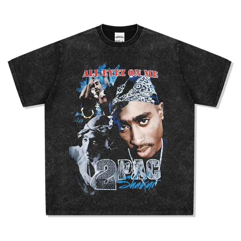 Streetwear masculino vintage hip hop rap tupac print short sleeve t-shirt