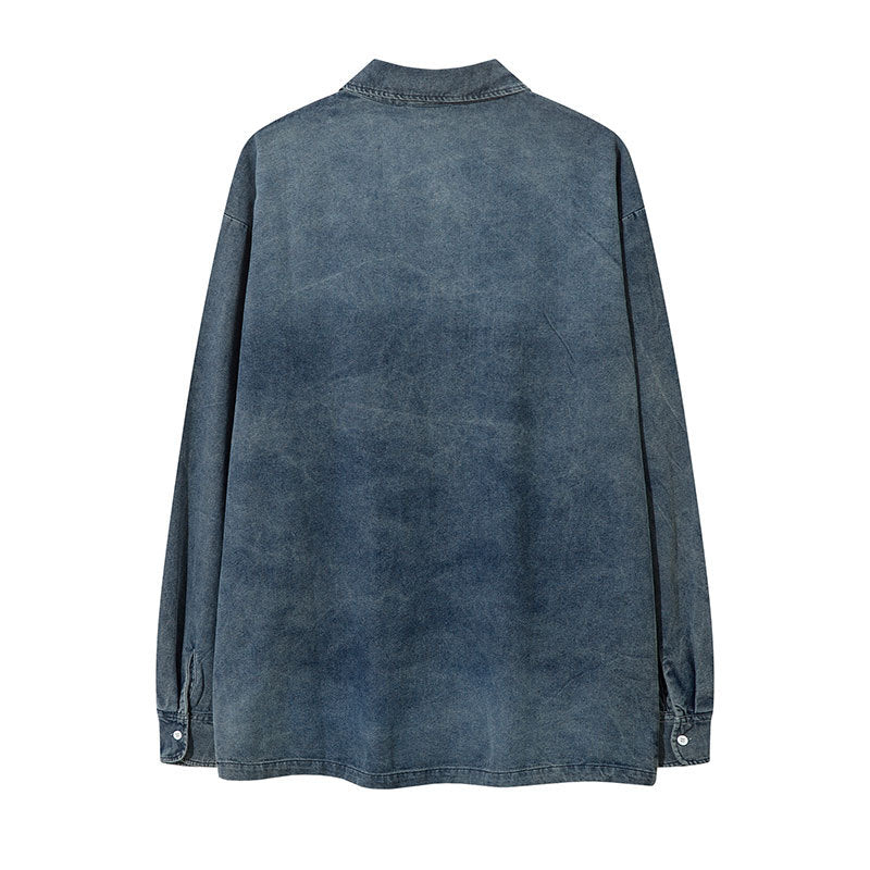 Marcas De Streetwear Denim Lapel POLO Shirt Loose Oversize Washed Long Sleeve T-Shirt