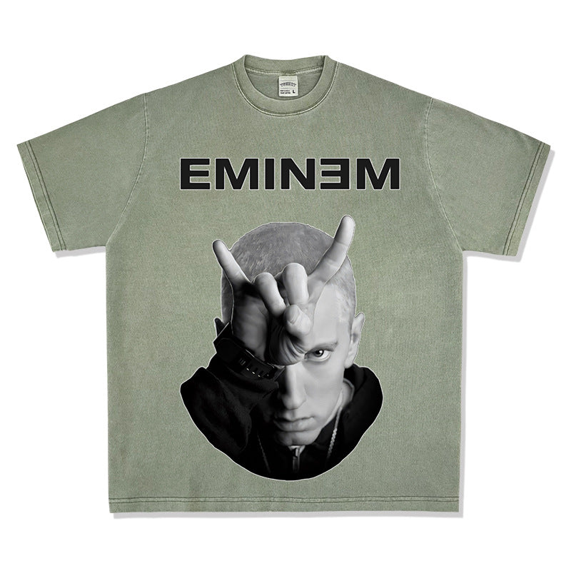 Streetwear masculino hip hop emperor Eminem vintage washed do old short sleeve t-shirt