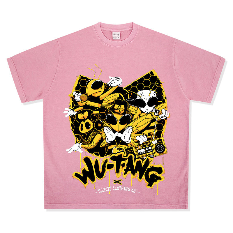 Streetwear masculino wu-tang print vintage short-sleeved t-shirt