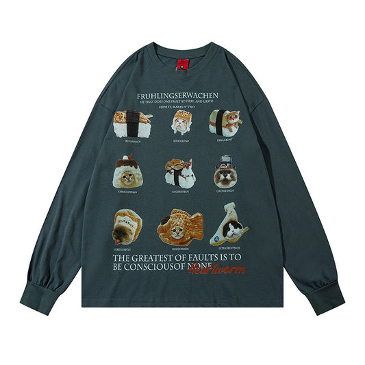 Marcas De Streetwear Vintage Sushi Cat Print Long Sleeve T-Shirt