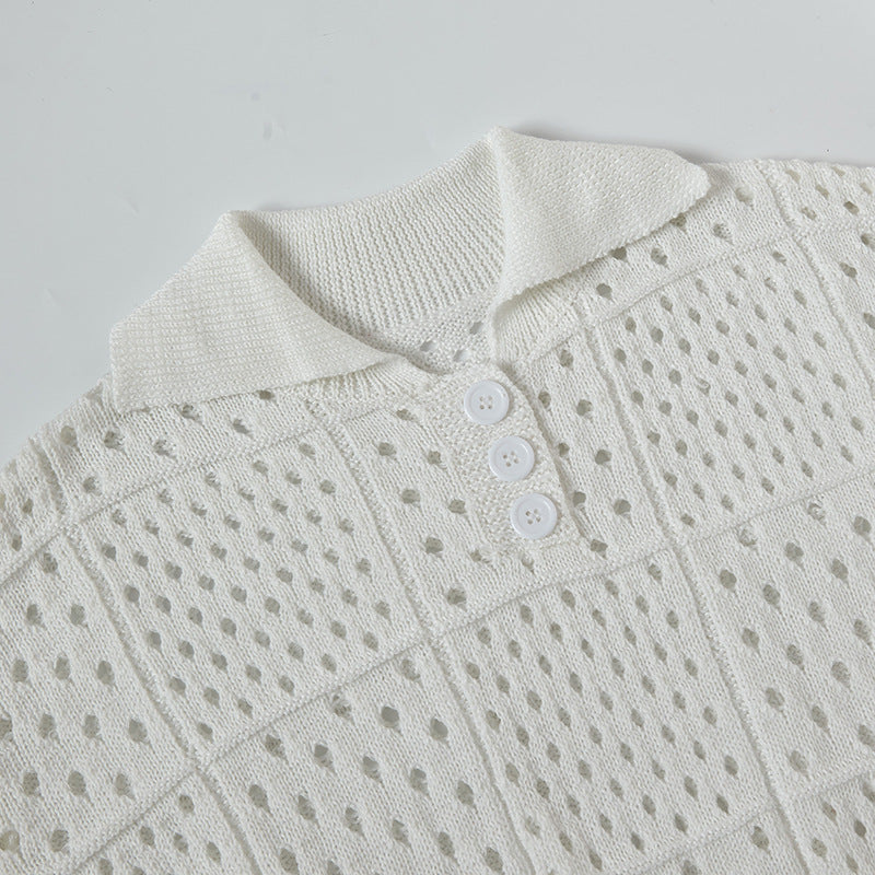Camisas Retros Vintage Lapel Hollow Sweater Summer Loose Pullover Knitwear Short Sleeves
