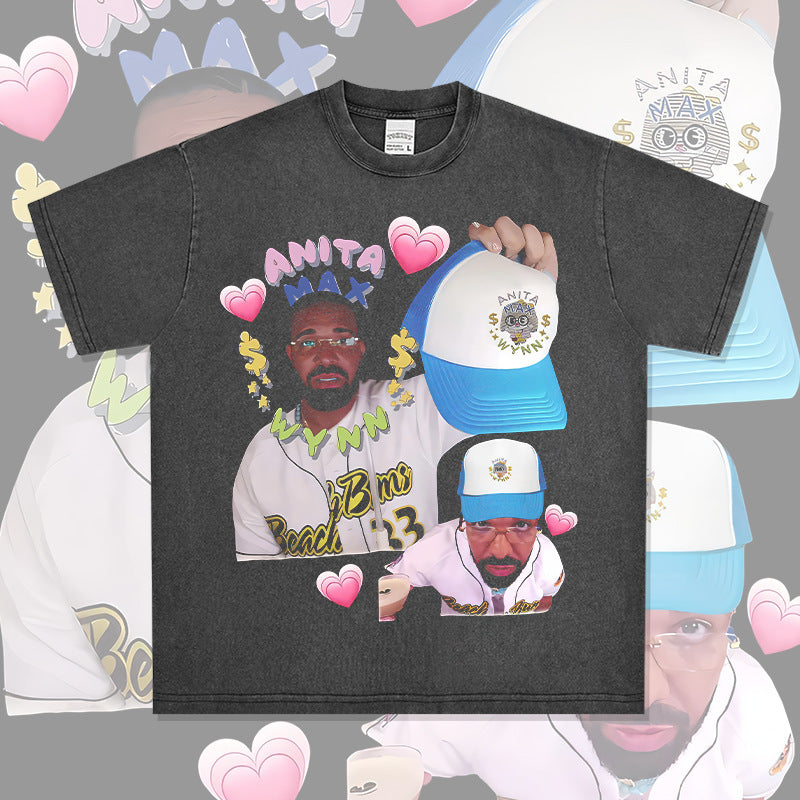 Outfit streetwear vintage hip hop drake print short sleeve t-shirt