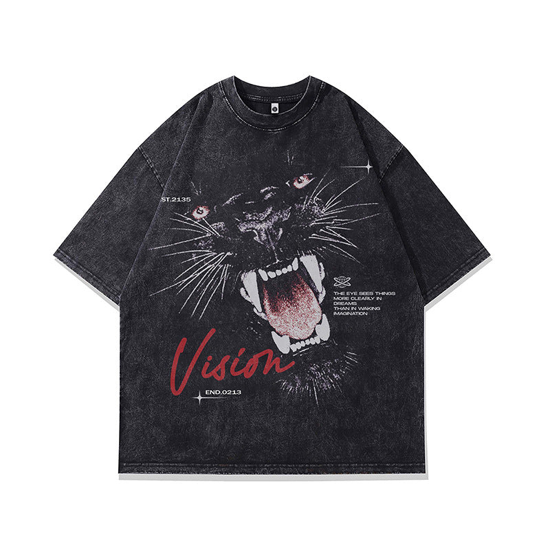 Ropa Vintage Hombre Panther Print Old Washed Vintage Loose Short Sleeve T-Shirt