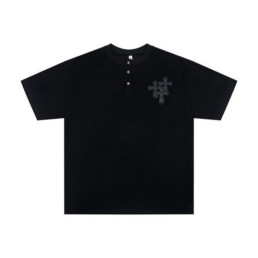 Marcas De Streetwear Vintage Cross Leather Embroidered Crew Neck Short Sleeve T-Shirt