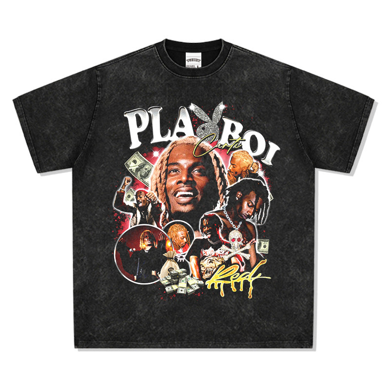 Cool t rapper Playbois Carti print hip hop rap short sleeve t-shirt vintage vintage top