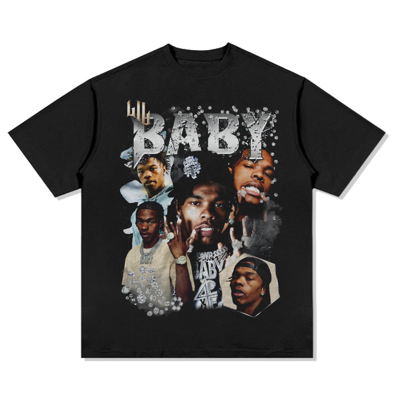 Cool t rapper retro hip hop Lil Baby print short sleeve t-shirt loose crew neck