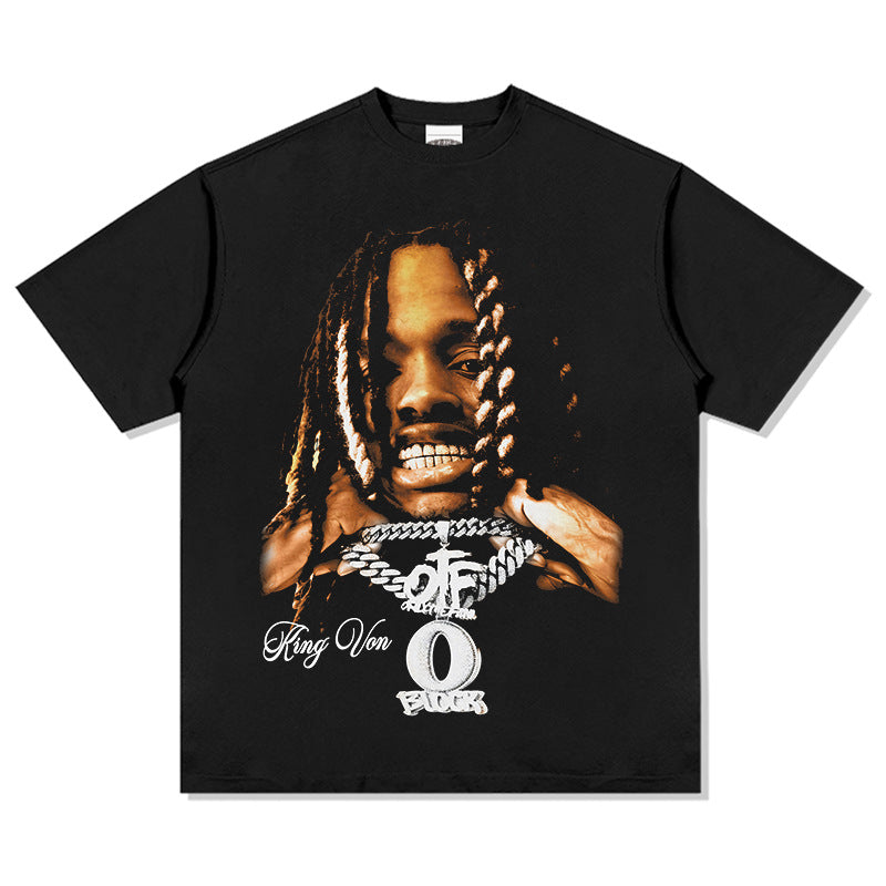 Streetwear masculino vintage hip hop King Von print short sleeve t-shirt
