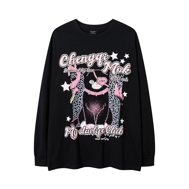 Marcas De Streetwear Cat Print Casual Men's and Women's Long Sleeve T-Shirt