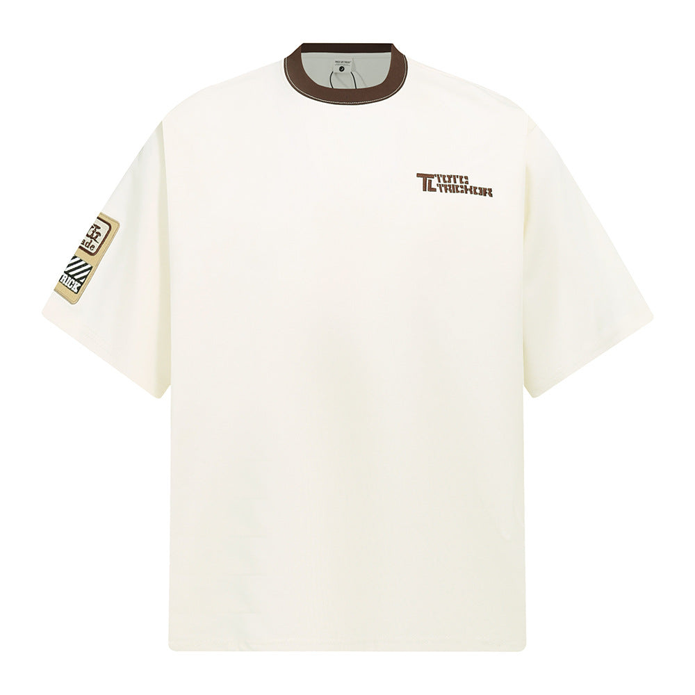 Hip hop shirt retro crew neck t-shirt embroidered letters loose casual