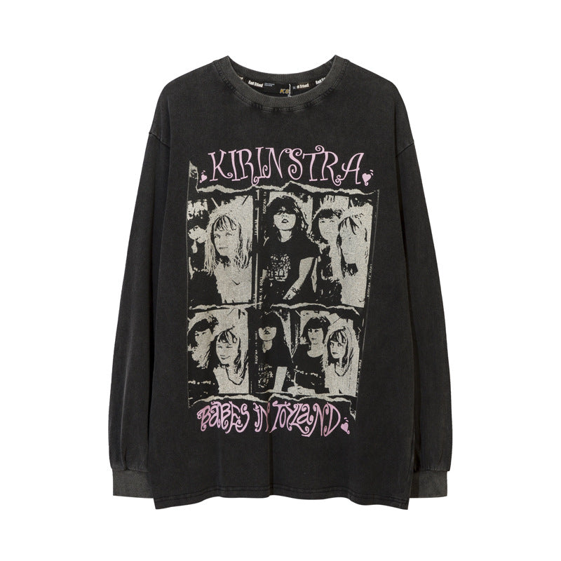 Vintage T Shirts Hip Hop Old Wash Character Print Long Sleeve T-Shirt Autumn oversize