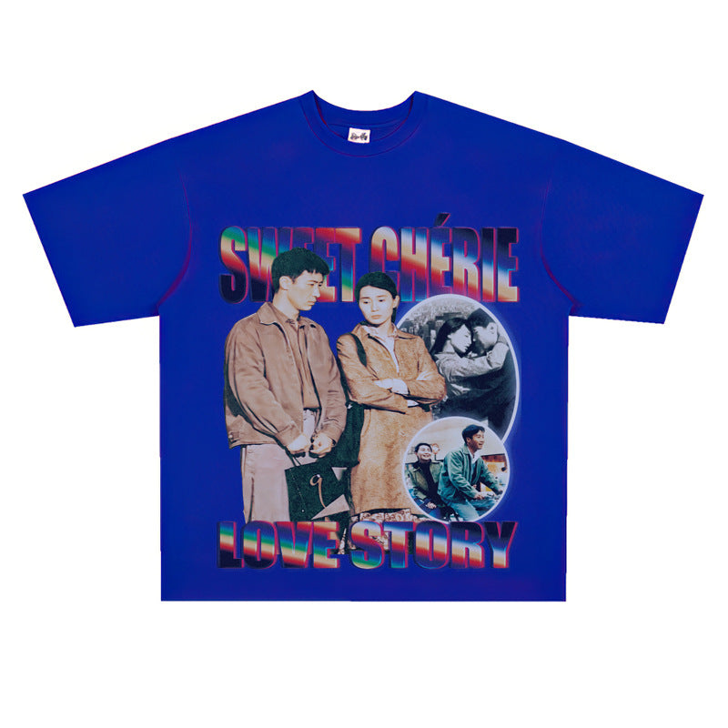 Film Star T Shirt Loose Heavy Retro Street Cotton Small Neckline T-shirt for Men and Women
