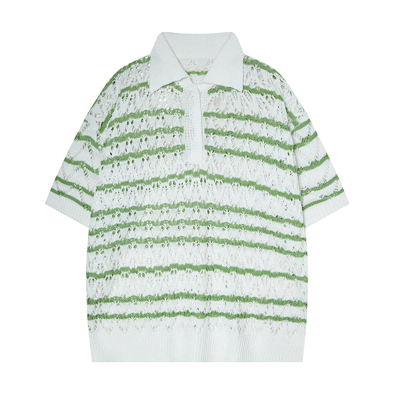 Nyc 1990 Shirt Summer Vintage Striped Knitted Hollow POLO Shirt Lapel