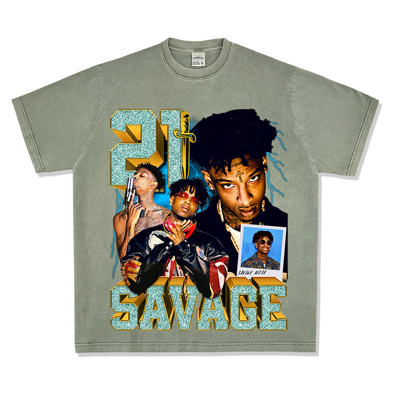 Streetwear masculino hip hop 21 savage print vintage hiphop short sleeve t-shirt