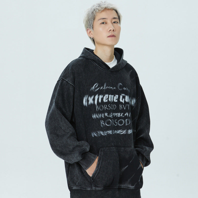 Streetwear Hoodie Vintage Washed Old Alphabet Hooded Sweater Hip Hop Loose Hoodie