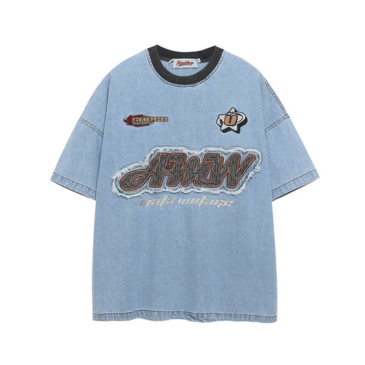 Hustle vintage summer embroidery t-shirt denim short sleeve t-shirt