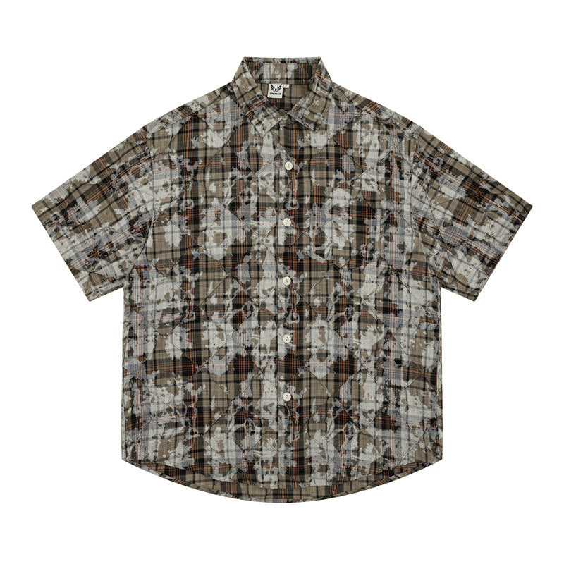 Stone Wash T shirt Retro plaid short-sleeved shirt Summer loose shorts