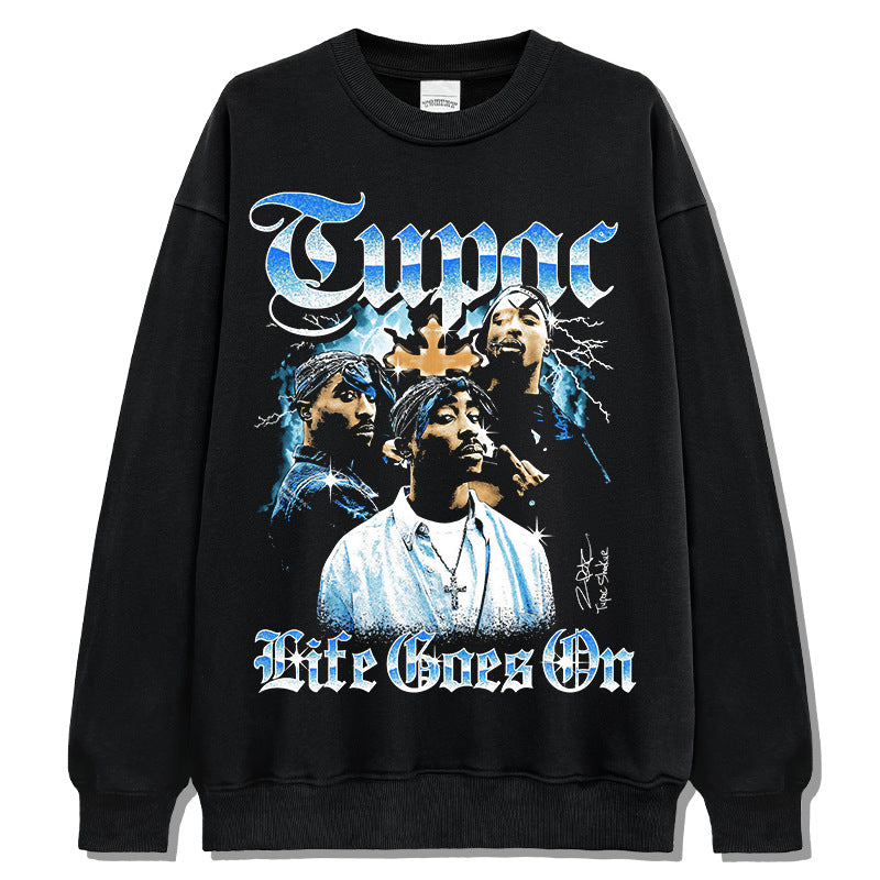 Streetwear masculino vintage Tupac print crew neck sweater high